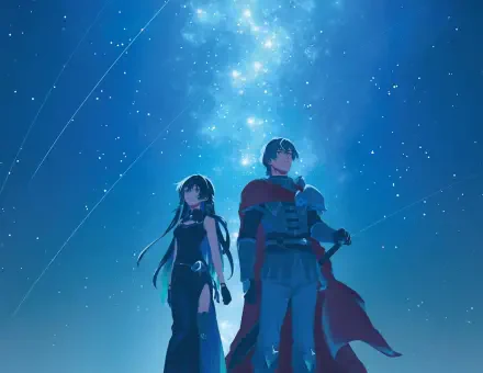 Anime-style HD desktop wallpaper from Unnamed Memory featuring two characters standing under a starry, glowing night sky.