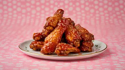 A plate of glazed chicken wings sprinkled with sesame seeds against a pink polka dot background, captured in 4K Ultra HD for a vibrant PC desktop wallpaper.