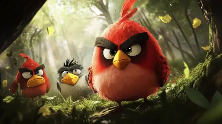 HD PC desktop wallpaper featuring Angry Birds characters in a detailed cartoon forest scene from the popular mobile game.