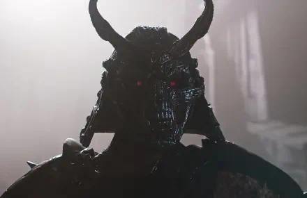 HD PC desktop wallpaper featuring a dark, horned warrior from the movie Mortal Kombat II, with glowing red eyes and an ominous atmosphere.