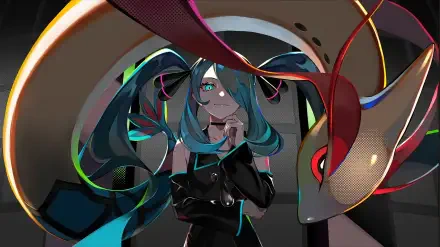 4K Ultra HD wallpaper featuring a crossover of Hatsune Miku and Cynthia with Milotic from Pokémon, blending vibrant anime and gaming styles on a PC desktop background.