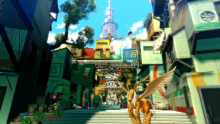 HD PC desktop wallpaper from the video game Digimon Story: Time Stranger, featuring a vibrant cityscape with a flying Digimon in the foreground under a bright blue sky.