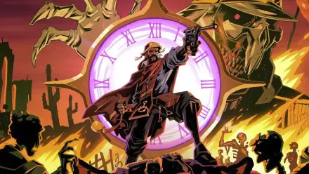 HD PC desktop wallpaper depicting a dramatic scene from the rogue-like video game Hell Clock, featuring a gunslinger, a glowing clock, and menacing skeletal figures.