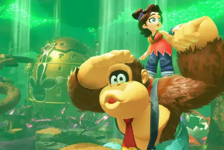 HD PC desktop wallpaper featuring characters from the video game Donkey Kong Bananza in a vibrant, green underwater environment.