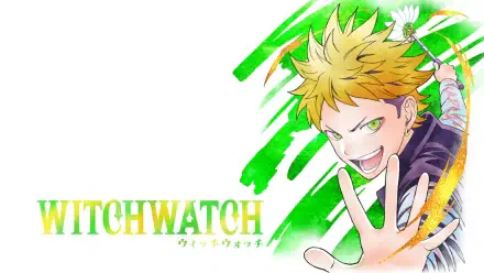HD PC desktop wallpaper featuring Kanshi Kazamatsuri from the anime WITCH WATCH with vibrant green and yellow accents on a white background.