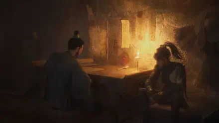 HD PC desktop wallpaper from the video game Wuchang: Fallen Feathers showing two characters seated in a dimly lit room with warm, atmospheric lighting.