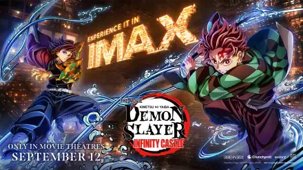 4K Ultra HD anime wallpaper featuring Demon Slayer: Kimetsu no Yaiba characters in dynamic battle scenes, promoting the movie Demon Slayer: Infinity Castle in IMAX.