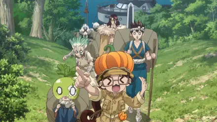 HD PC desktop wallpaper featuring characters from the anime Dr. Stone exploring a lush forest setting.