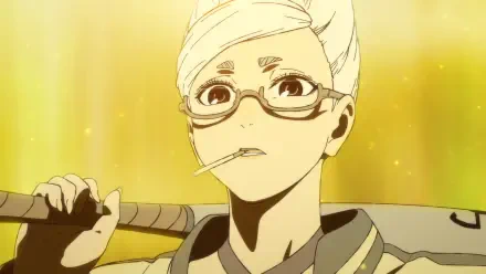 HD PC desktop wallpaper featuring Seiko Ayase from the anime Dandadan, shown with glasses and a serious expression against a warm, glowing background.