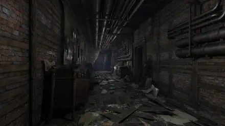 Dark, abandoned corridor from the video game Death Relives, depicted in high-definition as a haunting PC desktop wallpaper background.