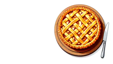 A vibrant 4K Ultra HD wallpaper featuring a detailed apple pie with a golden lattice crust on a wooden board beside a knife.
