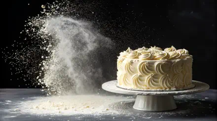 A vanilla cake with intricate frosting sits on a white stand, surrounded by flour dust in motion, captured in stunning 4K Ultra HD for a PC desktop wallpaper.