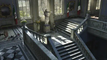 HD PC desktop wallpaper featuring a marble staircase and statue from the video game Mafia: The Old Country, showcasing detailed architecture and ambient lighting.