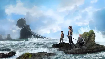A 4K Ultra HD PC desktop wallpaper from The Shannara Chronicles featuring three characters standing on rocky shores with a massive, mysterious structure in the ocean.