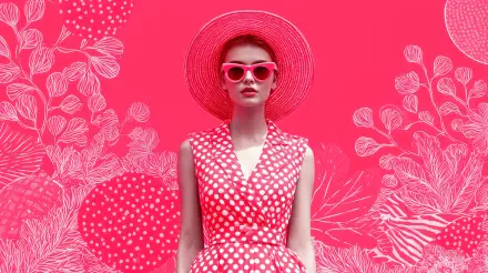 Woman in vibrant summer fashion with a polka dot dress, matching hat, and sunglasses against a detailed pink floral background, captured in 4K Ultra HD for desktop wallpaper.