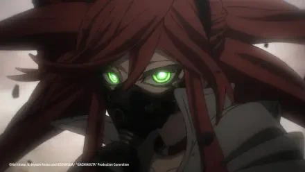 Anime-style HD desktop wallpaper featuring Riyou Reaper from Gachiakuta, with glowing green eyes and a dark mask, set against a moody background.