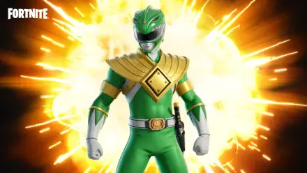 HD Fortnite desktop wallpaper featuring the Green Power Ranger in full armor with a dynamic, glowing background.