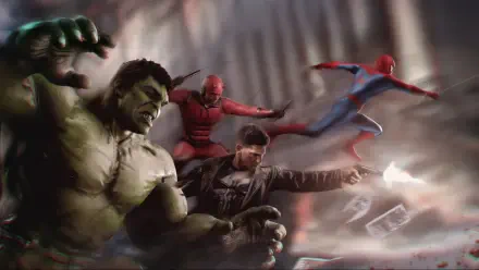 4K Ultra HD PC desktop wallpaper featuring Hulk alongside Daredevil and Spider-Man in a dynamic, action-packed scene.