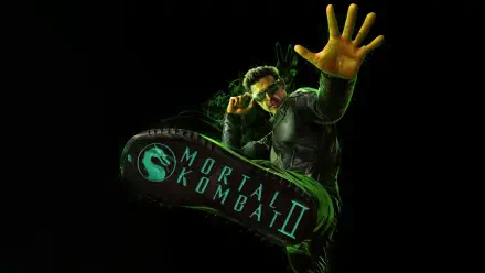 Mortal Kombat 2 (2025) 4K Ultra HD PC desktop wallpaper featuring a dynamic character pose with glowing green accents and the game title prominently displayed on the sole of a boot.