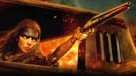 Furiosa from Furiosa: A Mad Max Saga aiming a shotgun amid flames, featured in a 4K Ultra HD PC desktop wallpaper and background.