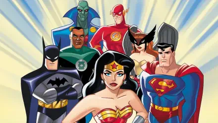 HD PC desktop wallpaper of Justice League Unlimited featuring prominent heroes including Wonder Woman, Superman, Batman, Flash, Green Lantern, Martian Manhunter, Hawkgirl, and Steel.