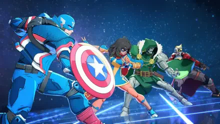 Marvel Tokon: Fighting Souls 4K Ultra HD PC wallpaper — Captain America, Ms. Marvel, Doctor Doom and allies charging through a neon-lit, high-energy battlefield pose.