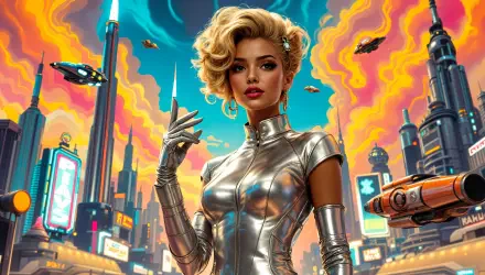 Futuristic portrait of Princess Daisy in a metallic suit against a neon cityscape with orange-pink skies — 4K Ultra HD PC desktop wallpaper.