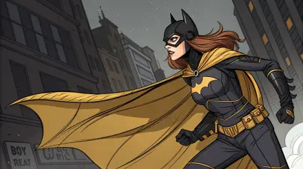 Batgirl racing across a Gotham rooftop at night, cape billowing against a starry sky and city skyline — 4K Ultra HD PC desktop wallpaper and background.