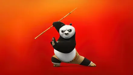 Po from Kung Fu Panda 4 strikes with his staff against a vivid orange-red gradient — 4K Ultra HD PC desktop wallpaper and background.