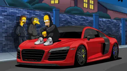 4K Ultra HD PC desktop wallpaper from the TV show The Simpsons: Homer Simpson, Moe Szyslak and Ned Flanders in hoodies by a red Audi R8 at night against a brick wall.