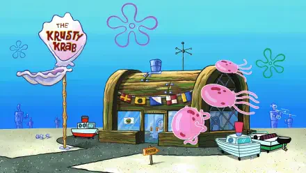4K Ultra HD PC desktop wallpaper of the Krusty Krab from SpongeBob SquarePants — wooden seaside restaurant with its sign, docked boats and pink jellyfish drifting in bright blue water.