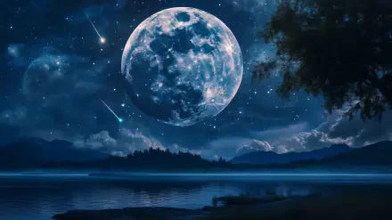 HD desktop wallpaper of a sturgeon full moon over a starry night landscape, reflected on a lake with a silhouetted forest shoreline.
