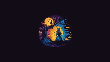 Alice In Wonderland scene: blue-clad Alice beneath a twisted tree and glowing orange moon, oversized mushrooms and surreal silhouettes on a black 4K Ultra HD PC desktop wallpaper background.
