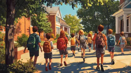 4K Ultra HD PC desktop wallpaper: colorful illustration of children with backpacks walking through a tree-lined neighborhood on the first day of school (back to school).
