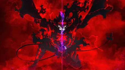 Black Clover 8K Ultra HD PC desktop wallpaper: demonic Asta silhouette with glowing eyes and a purple anti-magic sword amid swirling red smoke and shadowy wings.