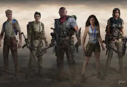 Army of the Dead (2021) 4K Ultra HD PC wallpaper: five armed survivors stand in a dusty, desaturated post-apocalyptic landscape, carrying weapons and tactical gear.