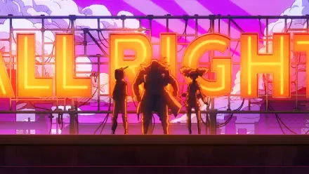 My Hero Academia: Vigilantes 4K Ultra HD PC wallpaper — three silhouetted vigilantes stand on a rooftop before a giant glowing sign with a vivid purple-pink sky.