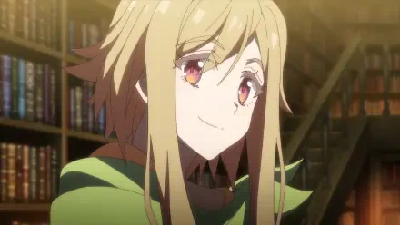 Anime HD PC desktop wallpaper of a smiling blonde heroine from Tsuyokute New Saga, close-up in a warmly lit library with bookshelves in the background.