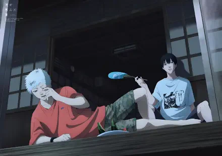 Anime HD PC desktop background of Indou Hikaru (white hair) and Tsujinaka Yoshiki (black hair) from The Summer Hikaru Died, lounging on a dim wooden porch, one waving a hand fan.