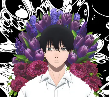 Anime 4K Ultra HD PC wallpaper/background — The Summer Hikaru Died by Tsujinaka Yoshiki: black‑haired youth in a white shirt framed by purple flowers on a stylized black-and-white backdrop.