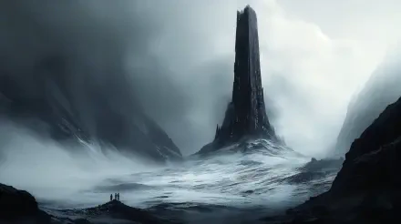 Fantasy black spire rising from mist-shrouded, windswept plains with tiny figures at its base — dramatic monochrome 4K Ultra HD PC desktop wallpaper background.