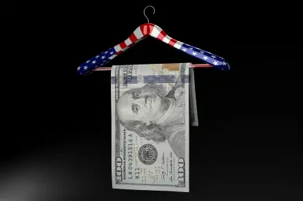 HD PC desktop wallpaper showing an American dollar banknote hung from a Stars-and-Stripes clothes hanger against a black background