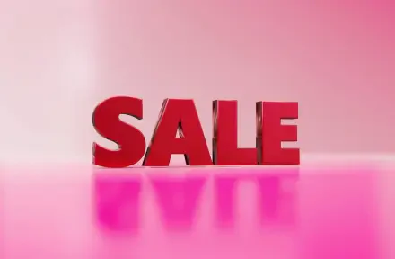 Bold red SALE letters reflected on a glossy pink surface — advertisement-style HD PC desktop wallpaper highlighting shop discounts, price cuts and promotional savings.