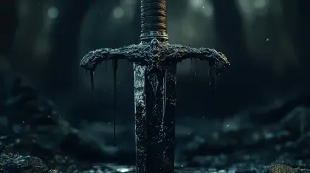 4K Ultra HD PC desktop wallpaper: dark fantasy cursed weapon — a sword driven into mossy earth, its crossguard dripping black ichor beneath dim, foggy forest light.