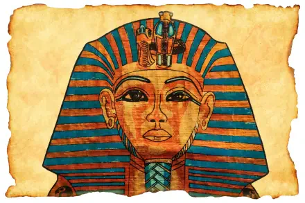 Ancient Egyptian pharaoh's funerary mask with gold and blue striped nemes headdress on aged parchment background — HD PC desktop wallpaper