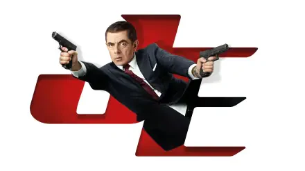8K Ultra HD PC wallpaper: a suited comedic secret agent lunges forward, dual-wielding pistols over a bold red stylized logo, cinematic spy poster composition.