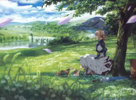 Anime HD PC desktop wallpaper: Violet Evergarden (character) seated beneath a tree by a lake, cherry petals drifting across a sunlit meadow.