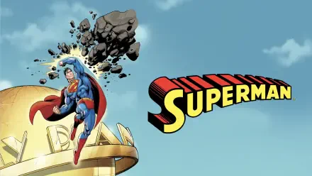 4K Ultra HD PC desktop wallpaper and background featuring comic Superman flying above a golden dome as rubble swirls, with a bold Superman logo against a clear blue sky.