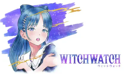 HD PC desktop wallpaper/background: anime character Nemu Miyao from WITCH WATCH, blue‑haired witch against a purple watercolor sky with the WITCHWATCH logo.