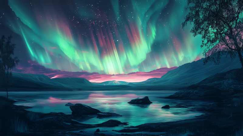 {{ A vibrant landscape featuring the aurora borealis illuminating a mountain backdrop, creating a fantasy adventure atmosphere reflected in a serene lake. Suitable as an HD PC desktop wallpaper. 